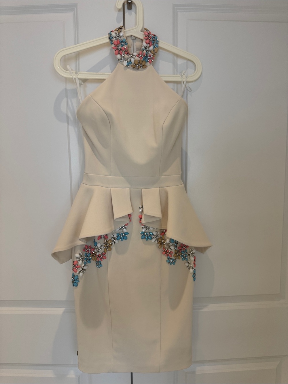 Ivory Halter Peplum Dress with Colorful Beaded Embellishments